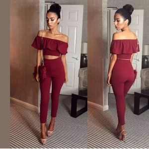 Off Shoulder Red Two Piece Jumpsuit